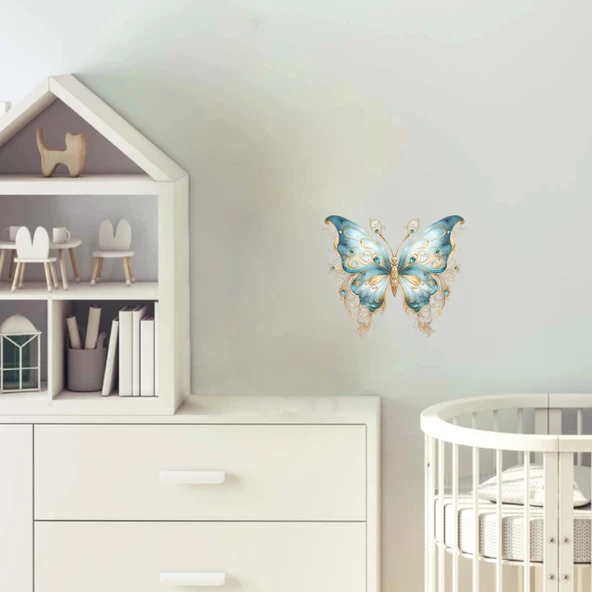 Mavi ve Altın Desenli Kelebek Duvar Stickerı ürün görseli 1