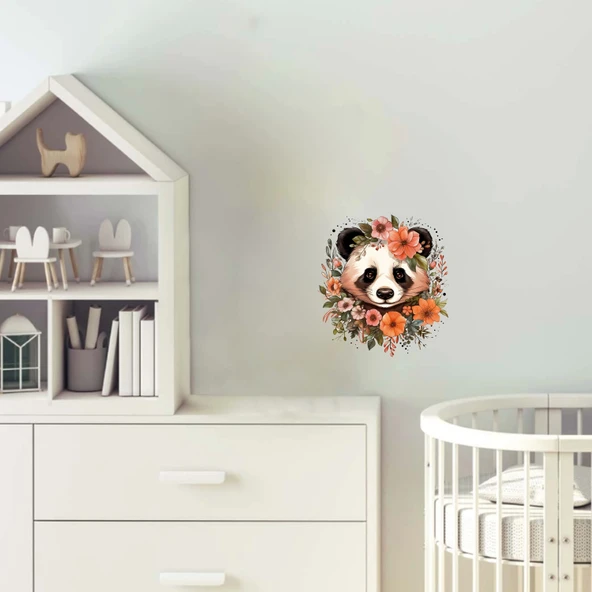 Turuncu Çiçekli Panda Kafası Duvar Stickerı ürün görseli 1