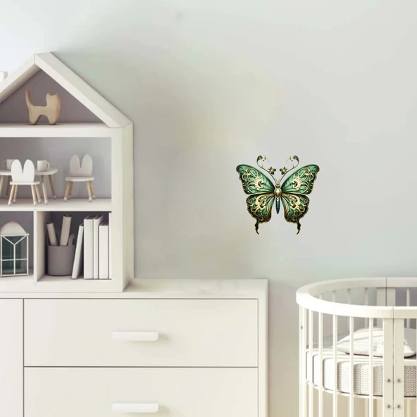 Yeşil ve Altın İşlemeli Kelebek Duvar Stickerı ürün görseli 1