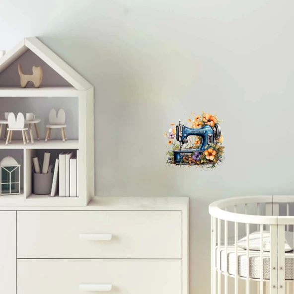 Antik Mavi Dikiş Makinesi ve Turuncu Çiçekler Duvar Stickerı ürün görseli 1