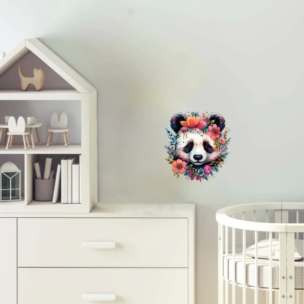 Mor ve Turuncu Çiçek Taçlı Panda Duvar Stickerı ürün görseli 1