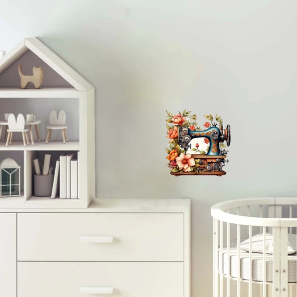 Mavi Çiçekli Dikiş Makinesi Duvar Stickerı ürün görseli 1