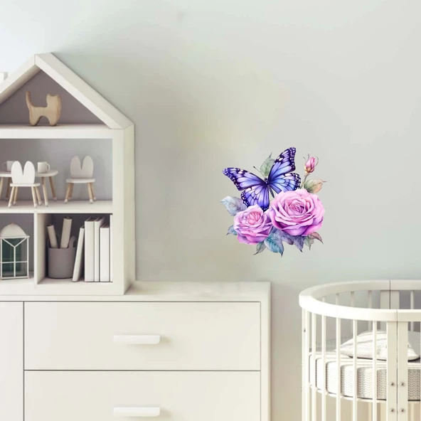 Renkli Çiçekli ve Kelebekli Duvar Stickerı ürün görseli 1