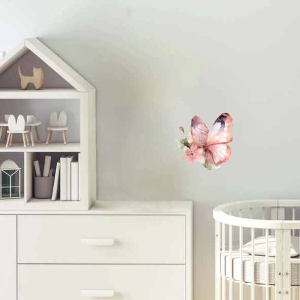 Canlı Pembe Kelebek ve Çiçekler Duvar Stickerı ürün görseli 1