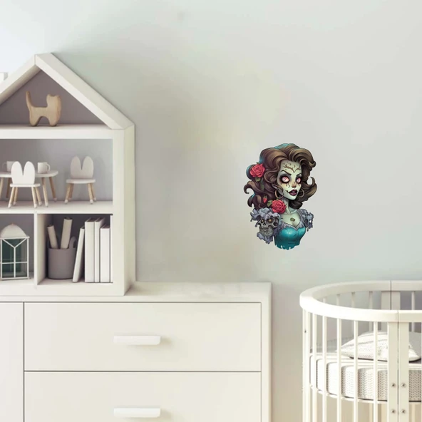 oyu Saçlı Gül ve Kafataslı Zombi Kız Duvar Stickerı ürün görseli 1
