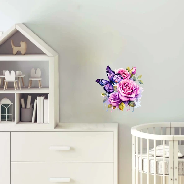 Çiçekler Arasında Mavi Kelebek Duvar Stickerı ürün görseli 1