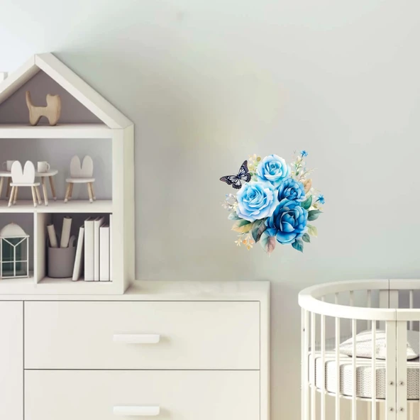 Mavi Güller ve Kelebek Duvar Stickerı (Siyah Detaylı Kelebek) ürün görseli 1