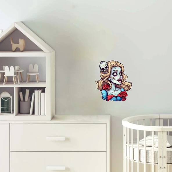 Sarışın Kafatası Detaylı Zombi Kız Duvar Stickerı ürün görseli 1
