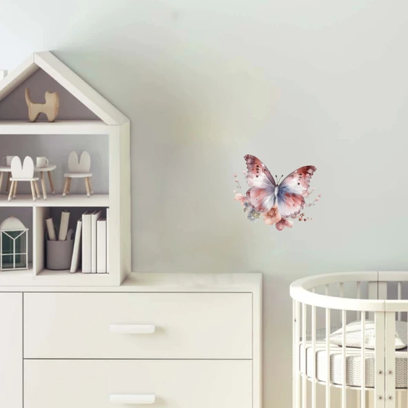 Mavi ve Pembe Kelebek ve Çiçekler Duvar Stickerı ürün görseli 1
