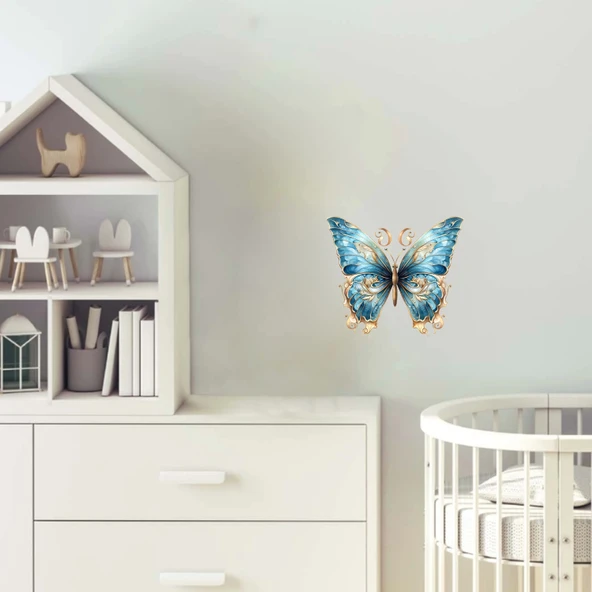 Kıvrımlı Detaylı Mavi Kelebek Duvar Stickerı ürün görseli 1