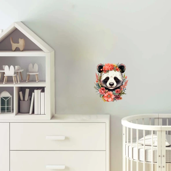 Kırmızı ve Turuncu Çiçek Taçlı Panda Duvar Stickerı ürün görseli 1