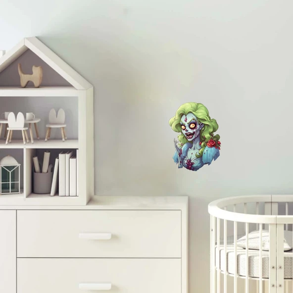 Yeşil Saçlı Gül Detaylı Zombi Kız Duvar Stickerı ürün görseli 1