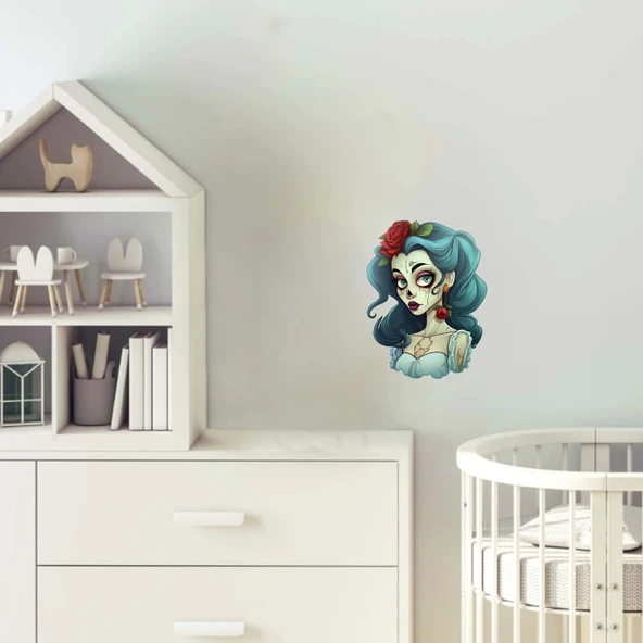 Mavi Saçlı Güllü Zombi Kız Duvar Stickerı ürün görseli 1