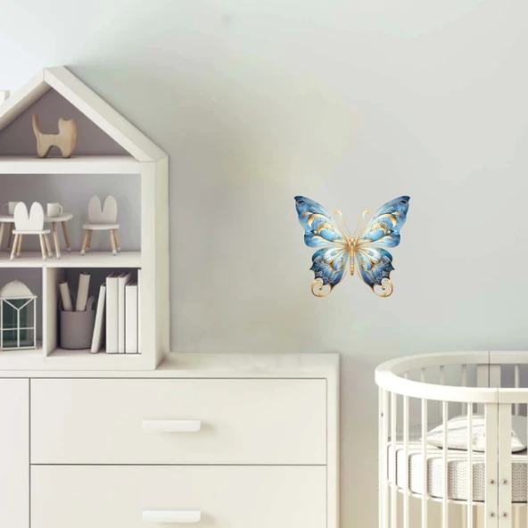 Altın Detaylı Mavi Kelebek Duvar Stickerı ürün görseli 1