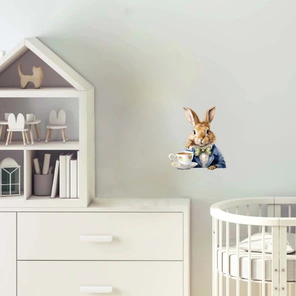 Kravatlı Tavşan ve Çay Fincanı Duvar Stickerı - Yeşil Kravatlı ürün görseli 1