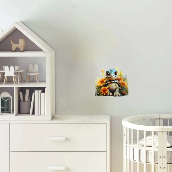 Turuncu Çiçekli Mavi Kaplumbağa Duvar Stickerı ürün görseli 1