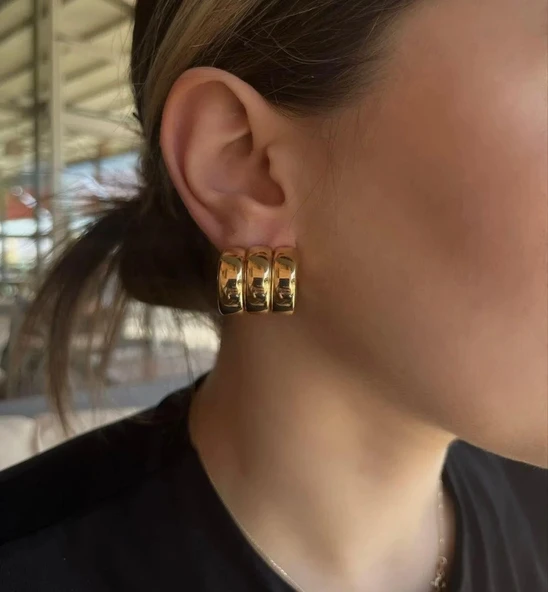 Lisbond Elegance Kadın özel seri üçlü görünümlü bombeli halka küpe gold renk ürün görseli 1