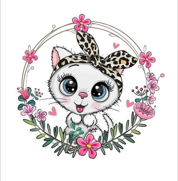 Leopar Bandanalı Kedi Çiçek Çerçeveli Duvar Stickerı ürün görseli 1