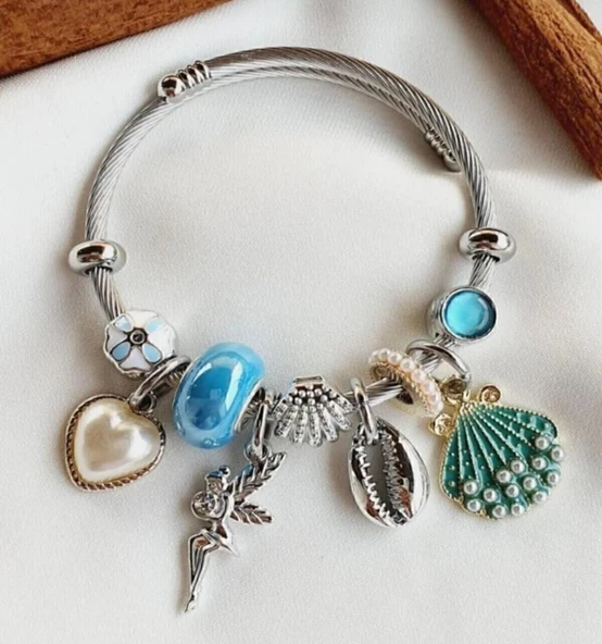 Lisbond Elegance Kadın Charmlı Çelik Pandora Modeli Bileklik Deniz kabuğu Charmlı Silver ürün görseli 1