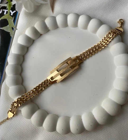 Lisbond Elegance  Çelik bileklik kadın kaburga model kumlu sık zincir bileklik gold ürün görseli 1
