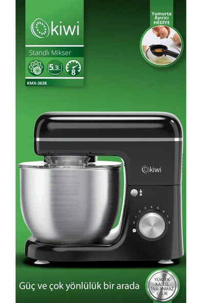 Kiwi Kmx-3638 Hamur Yoğurma & Stand Mikser 5,3 Lt 1300w Mutfak Şefi Siyah ürün görseli 1