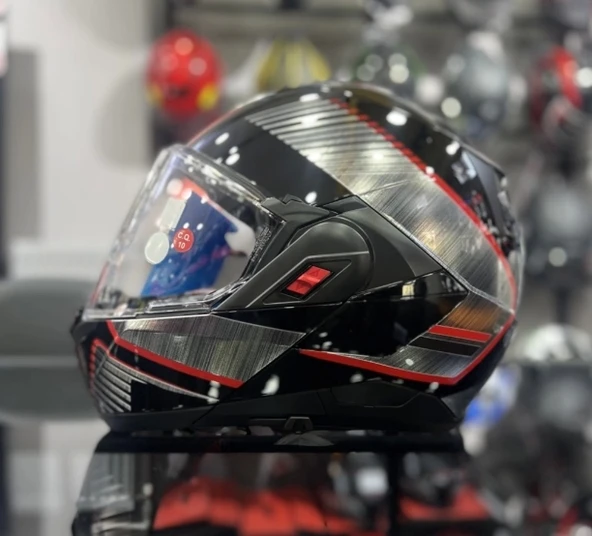 Kask Shark Oxo Sıkter Çene Açılır Gümüş/Siyah/Kırmızı ürün görseli 1