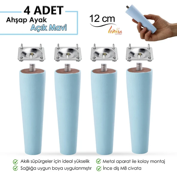 4 Adet Ahşap Ayak 12 Cm Açık Mavi M8 Civatalı Bağlantı Aparatlı Dolap Mobilya Koltuk Kanepe Destek Ayağı Ayakları ürün görseli 1