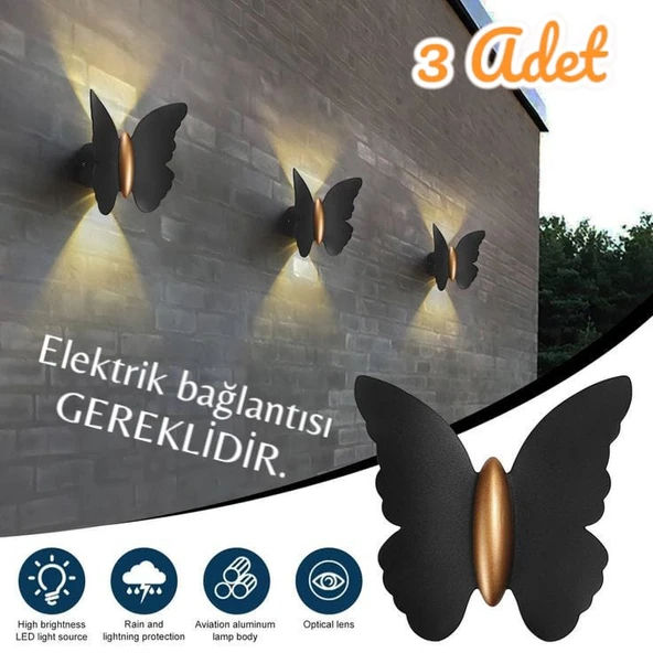 3 Adet Elektrikle Çalışır, 6 Watt Amber Işık Ledli Kelebek Duvar Aplik İç ve Dış Mekan IP65 Aplik ürün görseli 1