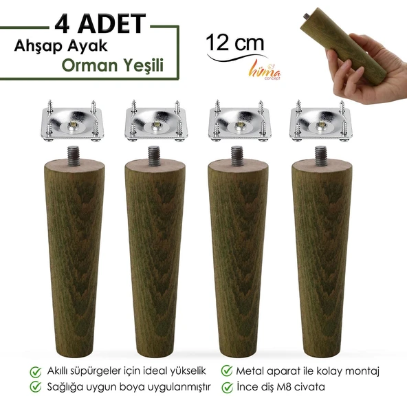 4 Adet Ahşap Ayak 12 Cm Orman Yeşili M8 Civatalı Bağlantı Aparatlı Dolap Mobilya Koltuk Kanepe Destek Ayağı Ayakları ürün görseli 1