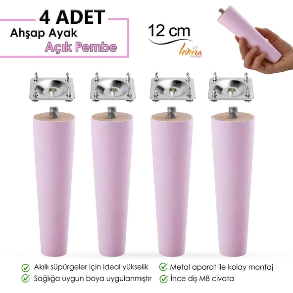 4 Adet Ahşap Ayak 12 Cm Açık Pembe M8 Civatalı Bağlantı Aparatlı Dolap Mobilya Koltuk Kanepe Destek Ayağı Ayakları ürün görseli 1