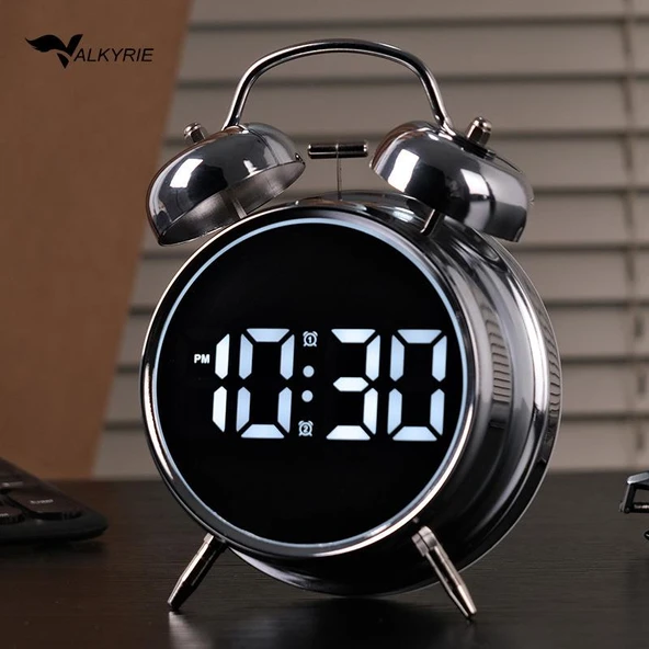 Valkyrie LED Ekranlı Analog Alarmlı Masa Saati Çalar Saat Pil Dereceli Çift Alarmlı Dijital Saat Gümüş ürün görseli 1