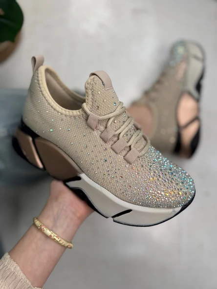 Günlük Kadın Spor Ayakkabı Taşlı Bağcıklı Hafif Kalın Yüksek Renkli Taban Yürüyüş Sneaker 403 ürün görseli 1