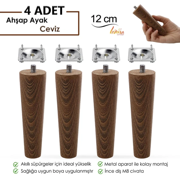 4 Adet Ahşap Ayak 12 Cm Ceviz M8 Civatalı Bağlantı Aparatlı Dolap Mobilya Koltuk Kanepe Destek Ayağı Ayakları ürün görseli 1