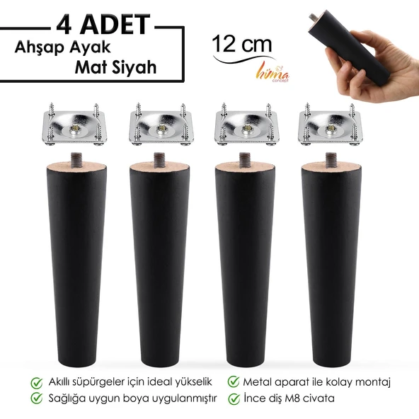 4 Adet Ahşap Ayak 12 Cm Siyah M8 Civatalı Bağlantı Aparatlı Dolap Mobilya Koltuk Kanepe Destek Ayağı Ayakları ürün görseli 1