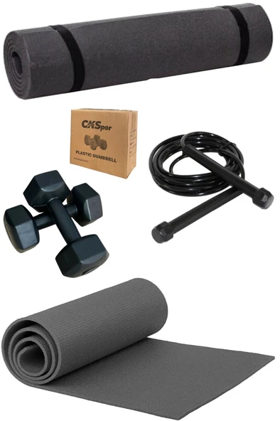 CKSpor Süper Set Siyah Yoga Pilates Matı  + Atlama İpi + 1x2 Siyah Dambıl ürün görseli 1