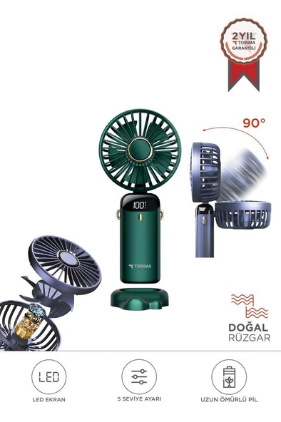 Torima F-19 Yeşil Dijital Ekranlı Şarjlı 90 Derece Ayarlanabilir Başlıklı Mini Masa Fan Vantilatör ürün görseli 1