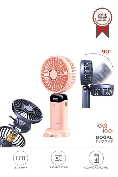 Torima F-19 Pembe Dijital Ekranlı Şarjlı 90 Derece Ayarlanabilir Başlıklı Mini Masa Fan Vantilatör ürün görseli 1