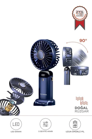 Torima F-19 Lacivert Dijital Ekranlı Şarjlı 90 Derece Ayarlanabilir Başlıklı Mini Masa Fan Vantilatör ürün görseli 1