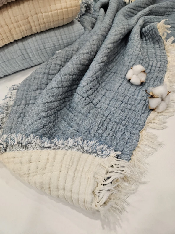 Denim Mavi 7 Katlı Çift Taraflı Dolgulu Müslin Bebek-Çocuk Battaniyesi Pamuk 110X110 cm ürün görseli 1