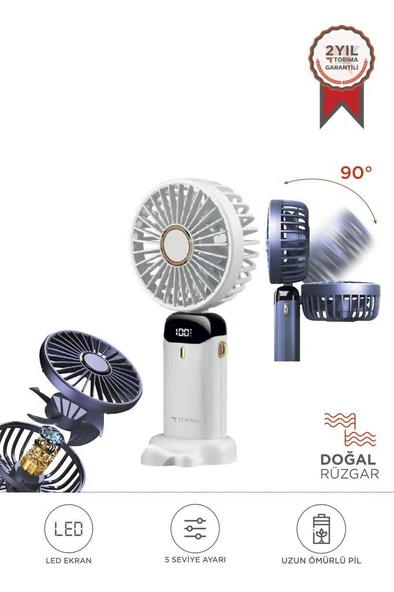 Torima F-19 Beyaz Dijital Ekranlı Şarjlı 90 Derece Ayarlanabilir Başlıklı Mini Masa Fan Vantilatör ürün görseli 1
