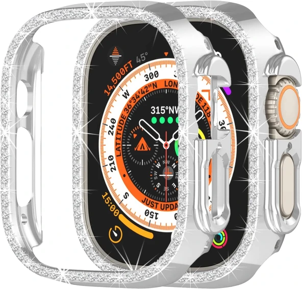 Apple Watch Ultra Ultra 2 49mm Uyumlu Tek Sıra Parlak Taşlı Rubber Kasa Kapak ürün görseli 1