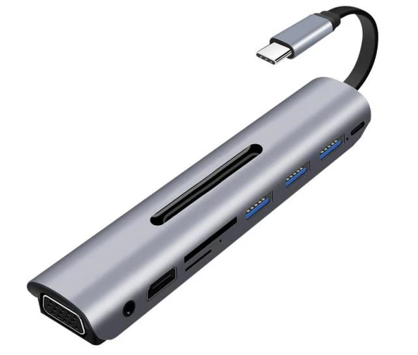 Type-C 9in1 4K Hdmi Vga Micro SD TF Kulaklık 3 Usb Şarj Girişli ürün görseli 1