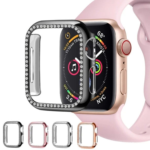 Apple Watch 7 8 9 44mm Uyumlu Tek Sıra Parlak Taşlı Rubber Kasa Kapak ürün görseli 1