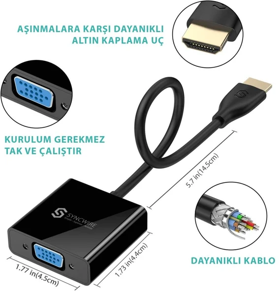 Syncwire HDMI to VGA Ses ve Micro Usb Çıkışlı Adaptör Çevirici - Resim 3