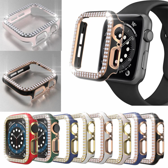 Apple Watch 7 Serisi 45mm Çift Sıra Parlak Taşlı Rubber Kasa Kapak ürün görseli 1