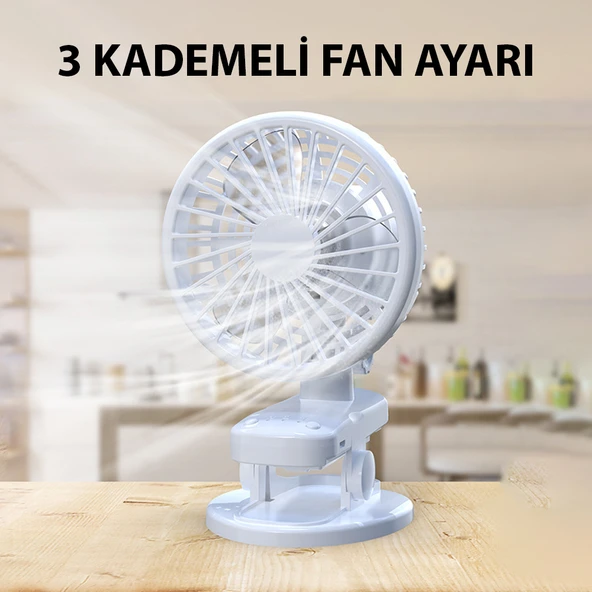 3 Kademe Şarjlı Mandallı 120° Taşınabilir Fan Vantilatör F02 ürün görseli 1