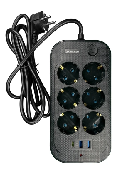 Techmaster 2 Usb + Type-C Akım Çocuk Korumalı 6lı Priz 2mt Kablo ürün görseli 1