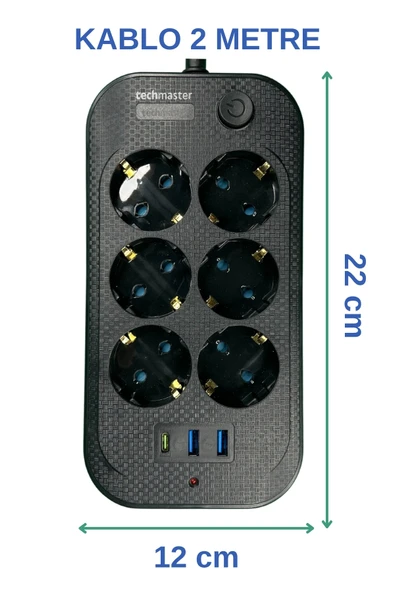 Techmaster 2 Usb + Type-C Akım Çocuk Korumalı 6lı Priz 2mt Kablo - Resim 3