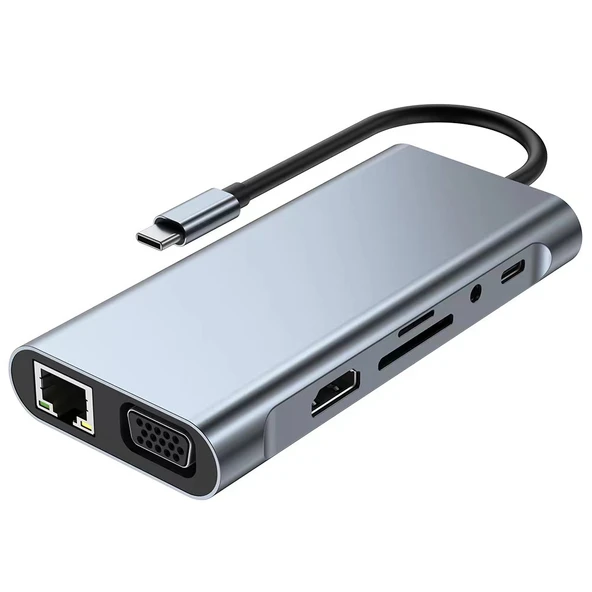 11in1 Type-c to Usb Hdmı 4xUsb Rj45 Hdmi Vga Sd Tf Card Çevirici Adaptör ürün görseli 1
