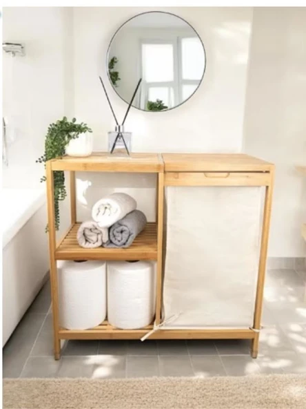 MİEN JW-22750 Bambu 3 Raflı Kumaş Sepetli Banyo Düzenleyici Kirli Çamaşır Sepeti DB-0046 ürün görseli 1